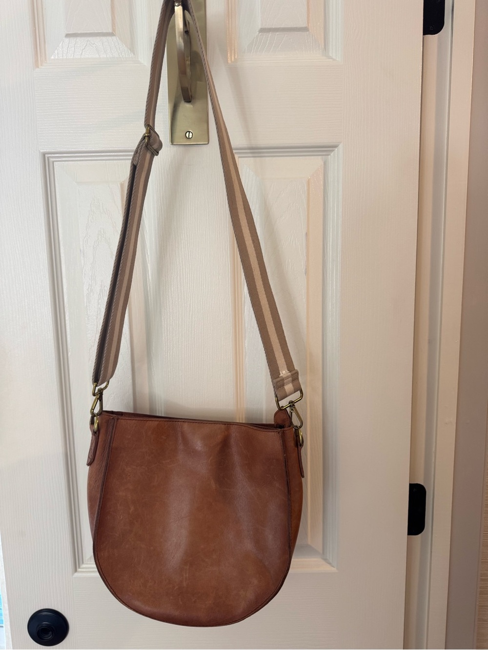 Madewell Brown Leather Crescent Crossbody with Striped Adjustable Strap